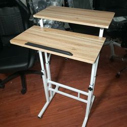 New Double Table Adjustable Computer Desk, Mobile Standing Desk W/ Rolling Wheels for Home Office Workstation, Portable Laptop Stand Tall Table fo