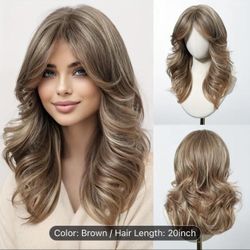 Human hair blend ash brown highlights blonde layered wig with bang.