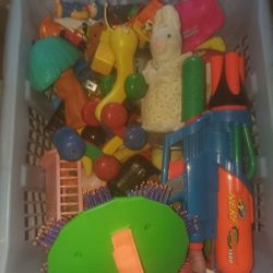Laundry Basket Full Of Assorted Vintage Toys/Baby Doll/football/Etc