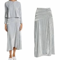 Vince Ruched Velvet Paneled Midi Skirt  Pale Sea Glass Size 8 NWT  