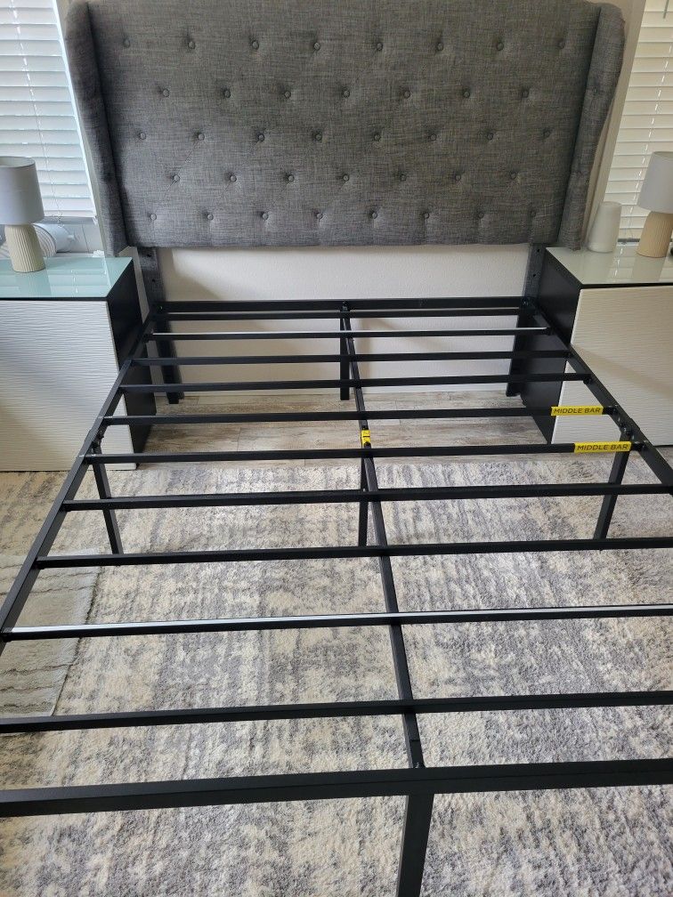 Gray Upholestered Wing Queen Bed Frame with Extra Storage Space