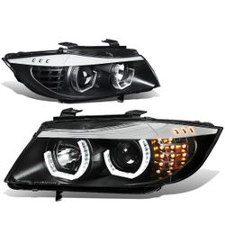 DNA MOTORING HL-3D-E9005-BK Black 3D Halo Ring Headlights High Low Beam with Amber Turn Signals Compatible with 06-08 BMW 323i / 05-08 325i 4-Door Sed