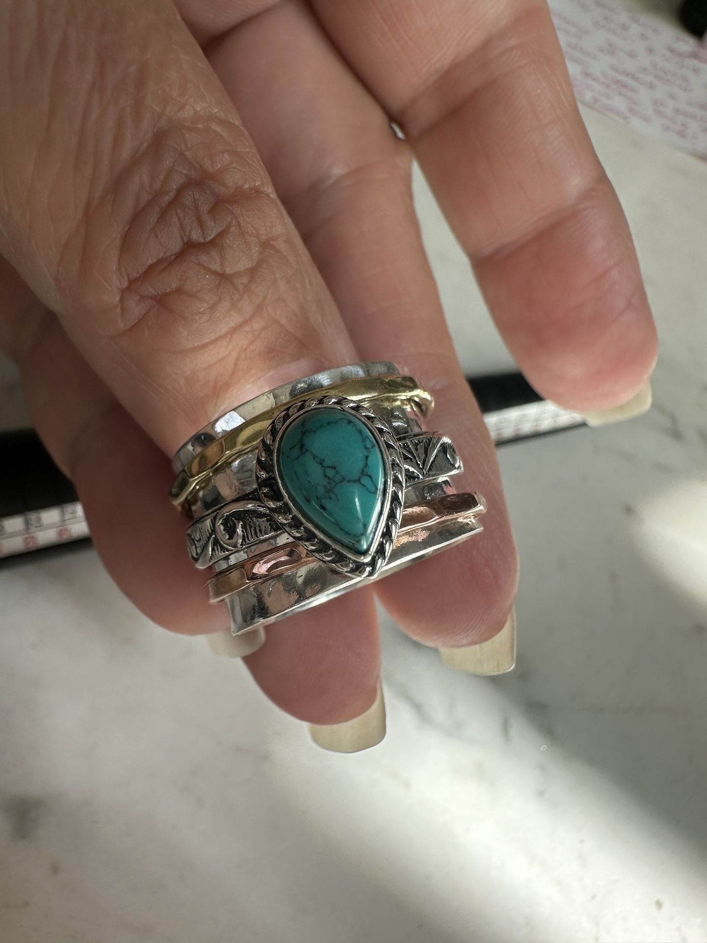 925 Sterling Silver Pear Shaped Turquoise Spinner Ring, Size 9 - Tri Color Spinning Rings 