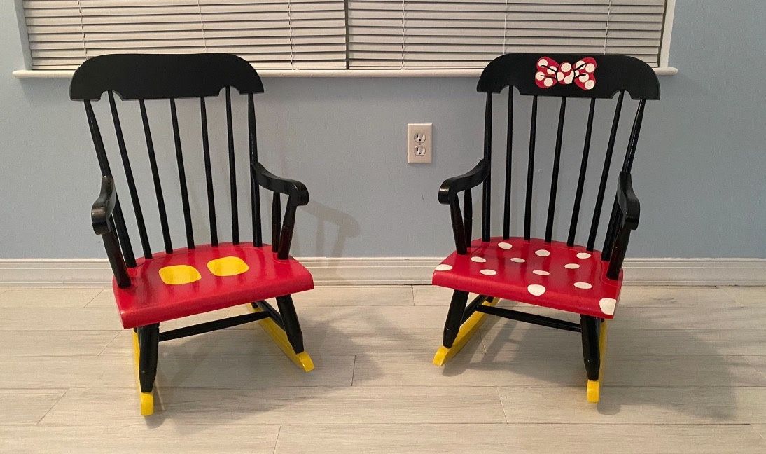 2 Hand painted Mickey Mouse And Minnie Mouse Kids Rocking Chairs For Disney Lovers