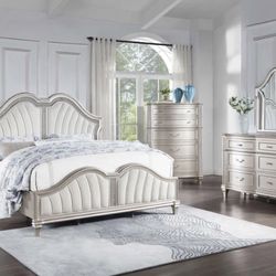Evangeline Ivory/Silver Oak Panel Bedroom Set
