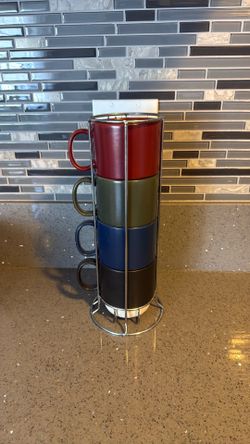 Over & Back Stackable Ceramic Mug Set with Metal Stand - 5pc
