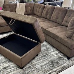 COSTCO Brown Chenille Sectional Couch And Ottoman