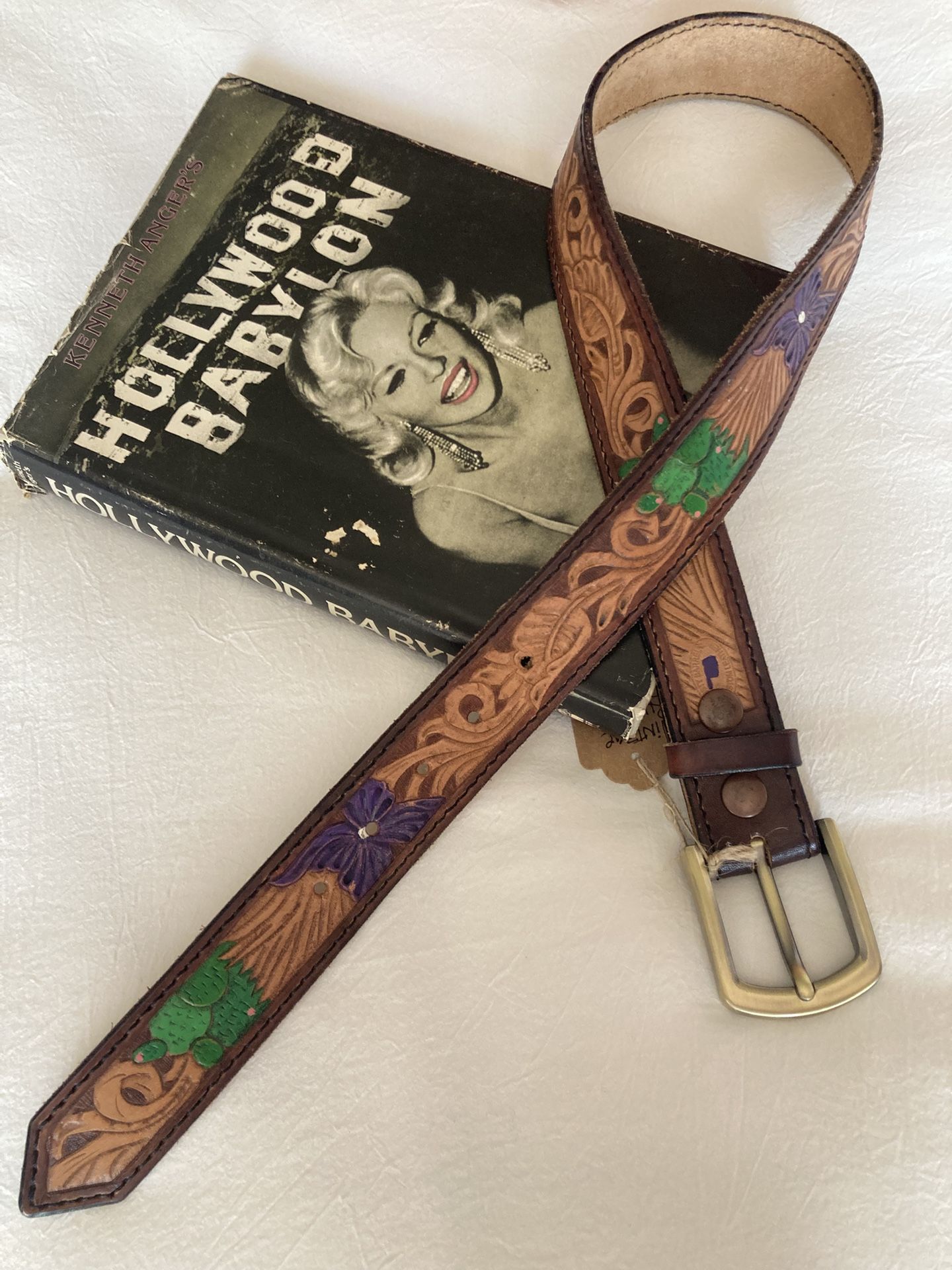 Vintage Rusty Barrel Hand Tooled Leather Belt- Size 32/34