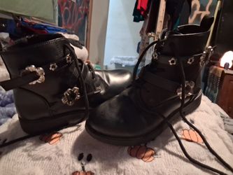 Black Lace-Up Combat Boots with Flower Hardware