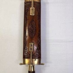 Vintage India Huali Wooden Engraved Art Party Knife Fork Set Copper Brass Handle