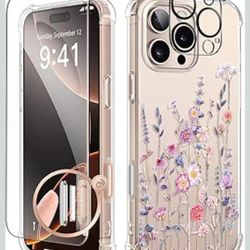 GVIEWIN for iPhone 16 Pro Case, with Screen Protector & Camera Lens Protector, Military-Grade Protection, Clear Shockproof Slim Floral Women Phone Cas