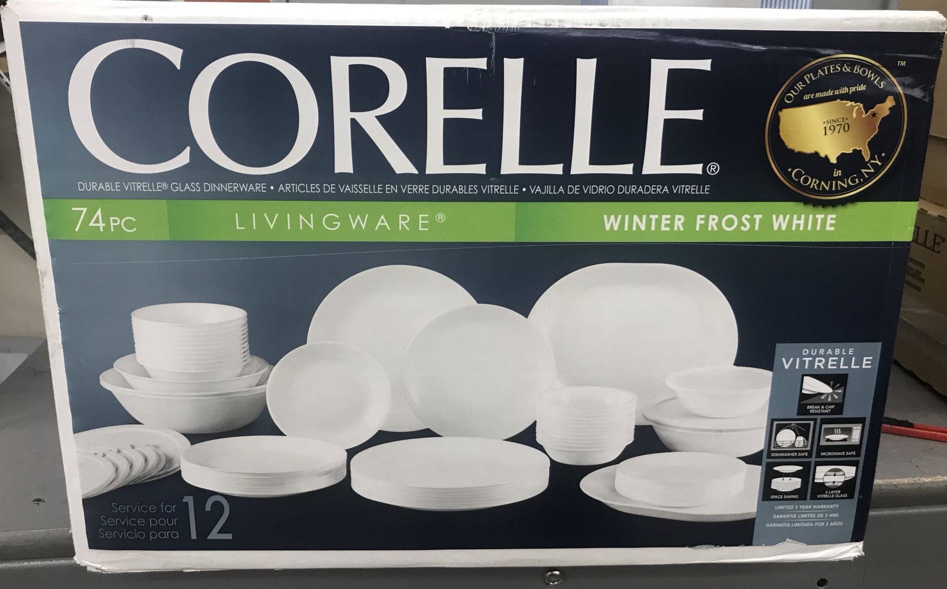 NEW Corelle Livingware 74 Piece Dinnerware Set with Storage Lids, Service for 12, White