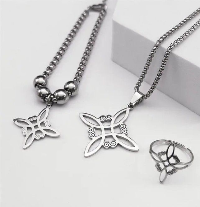 3 pcs Witchcraft Stainless Steel Jewelry Set, Necklace, Bracelet And Adjustable Ring