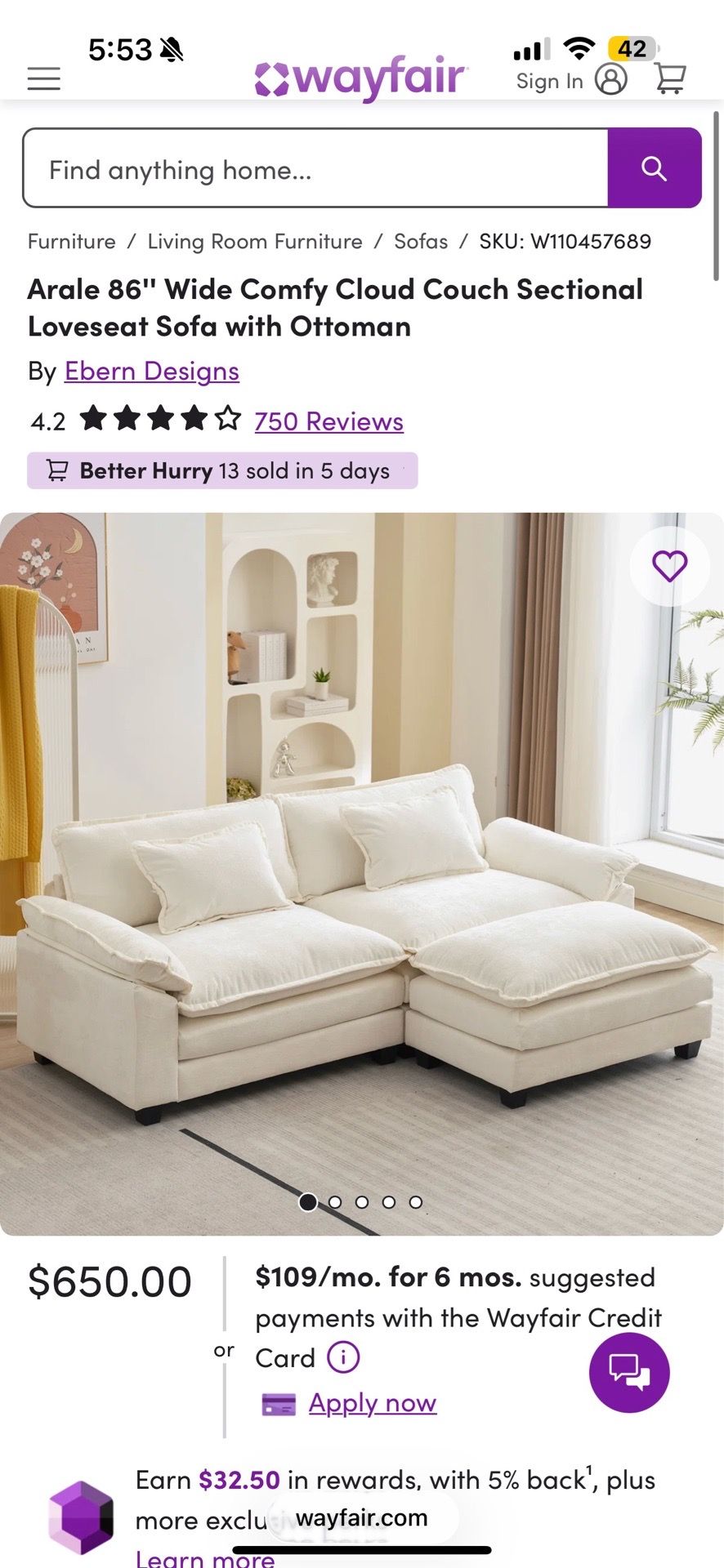 Arale 86'' Wide Comfy Cloud Couch Sectional Loveseat Sofa with Ottoman