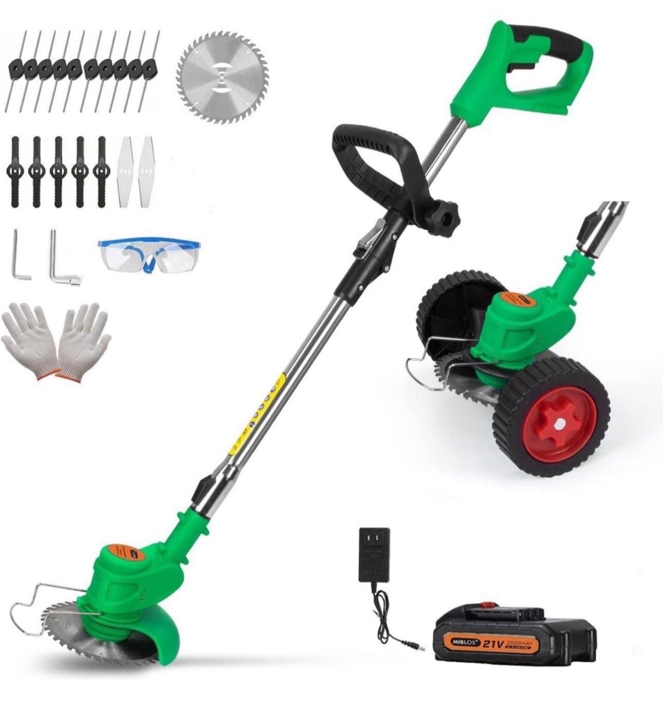 21V Cordless Weed Wacker,Electric Lawn Edger with 1 Battery and Charger,Lightweight Grass Trimmer with 4 Types Cutting Blade,String Trimmer with Wheel