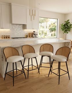 26” White PU Leather Rattan Swivel Counter Height Bar Stools  Set of 4 (Already Assembled)