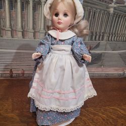 Vintage 1979 Effanbee Grands Dames Four Seasons Summer Doll #1232 - 11" Blonde Vinyl Pioneer Lass in Blue Calico Dress, Apron & Bonnet