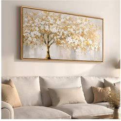 Large Framed Gold Tree Wall Art for Living Room, Neutral Gray White Canvas Painting for Modern and Elegant Home Decor, Golden Tree of Life Artwork for