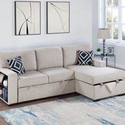 Sectional Sofa With Pullout Bed & Storage Beige Or Grey Boucles Material 