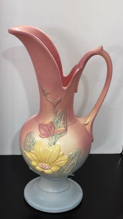 Vintage Hull Pottery Magnolia Matte Ewer Vase 14" Pink Blue Floral