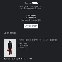 Authentic Men’s Moncler Puffer Jacket With Receipt  