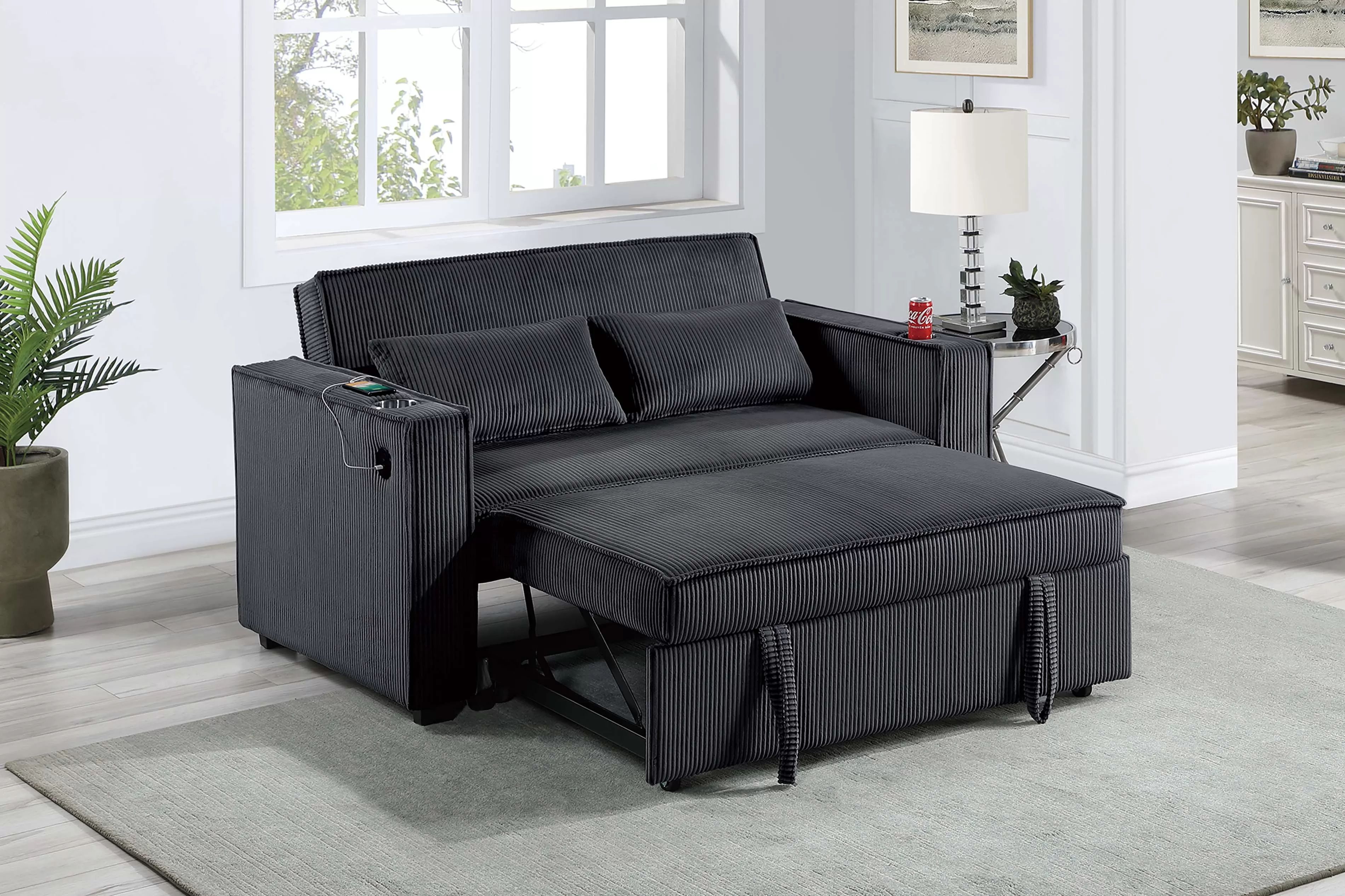 Loveseat Convertible Bed Black Corduroy fabric, New Especial price