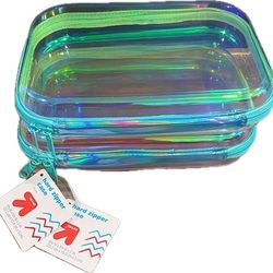 2 Hard Sided Zipper Pencil Case Iridescent Transparent Pouches