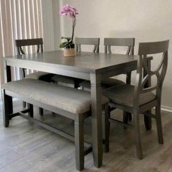 ✅️✅️6 pc bridget ii grey finish wood dining table set padded seat chairs and bench✅️✅️✅️