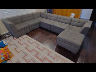 Large Gray Tufted Sectional Sofa 6 piece