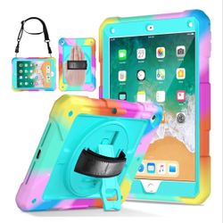 LTROP Protective Cover Case for iPad 6th/ 5th Generation & iPad Air 2 Case, iPad 9.7 Inch Case with Shoulder Strap Pen Holder Swivel Stand, Aqua Teal.