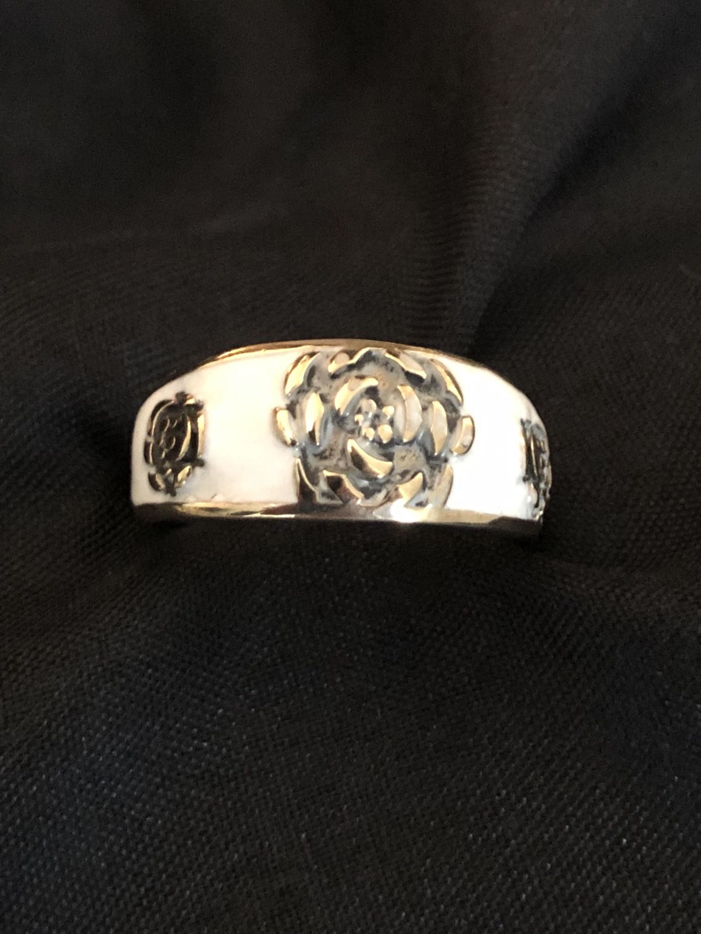 Men Unisex Silver & Bronze Band Spinner Enamel & Embossed Flower Roses Ring S9