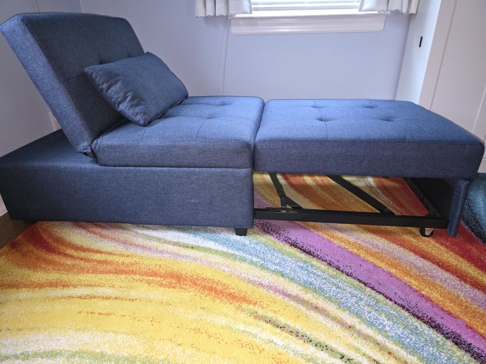Pull-out Sofa Bed Upholstered Convertible Ottoman Home Furniture in Blue