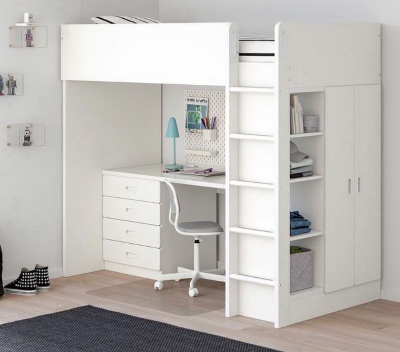 White Loft Bed with Desk and Storage