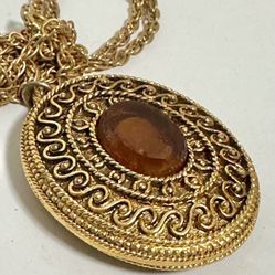 Vintage Cameo Perfume Sachet Pendant Gold Necklace Chain