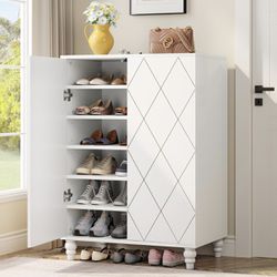 New assembled Shoes Organizer Cabinet with Adjustable Shelves and Solid Wood Legs, Shoe Storage Cabinet with Door, 7-Tier Wooden Shoes Rack Cabinets f