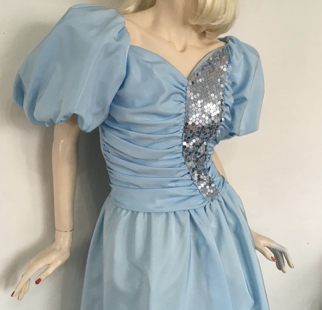 1980’s Vintage Prom Dress Baby Blue Size 10-12 (will include Corsage and Men’s baby blue Cumberbund and Bowtie)