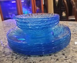 Set of 6 KIG Blue Glass "Della Robbia" Fruit Pattern Dinner Plates 10 1/2" and 4 bowls