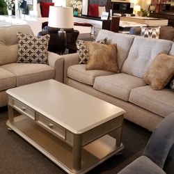 Brand New Simmons Upholstery Biege Fabric Sofa + Loveseat 2PCs Set 