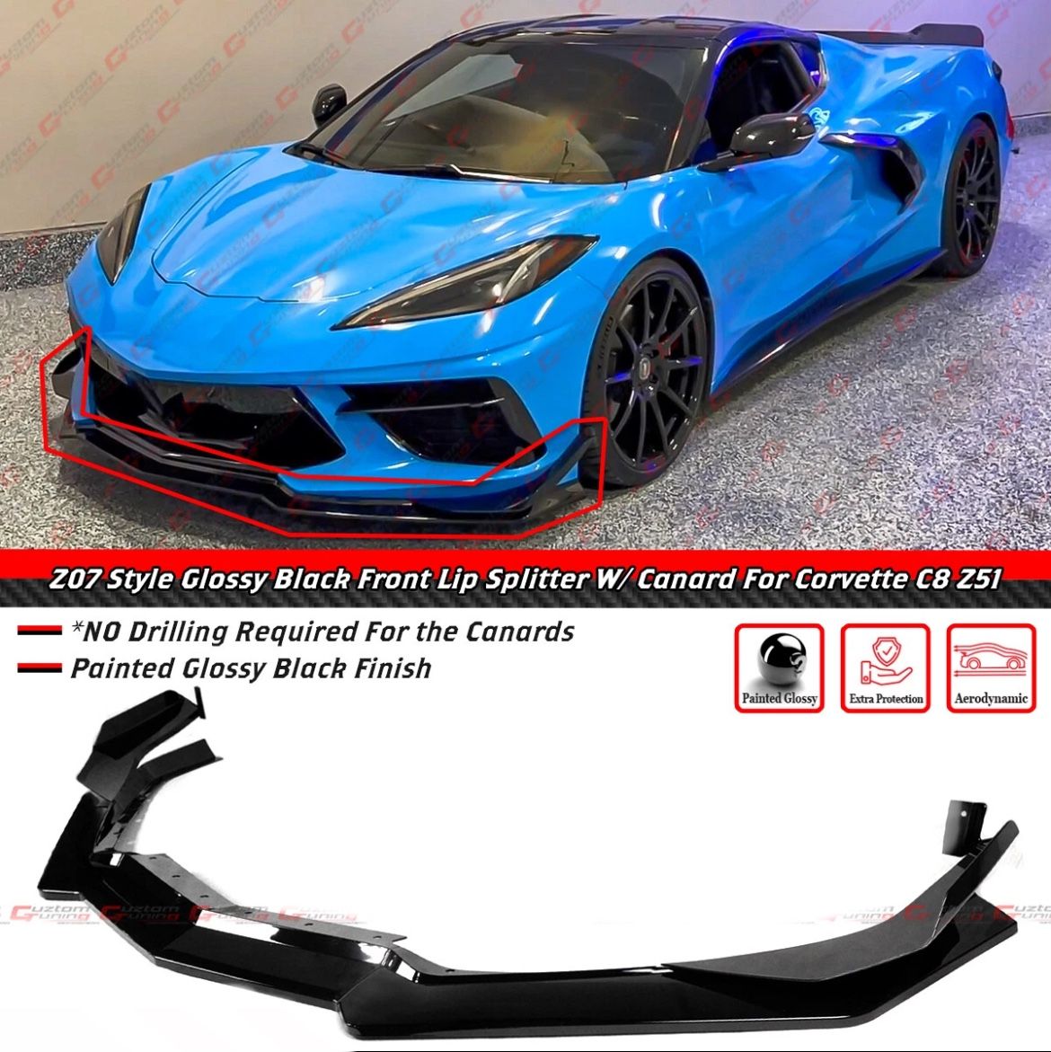 20-25 Corvette C8 Gloss Black V3 Style Front Bumper Lip