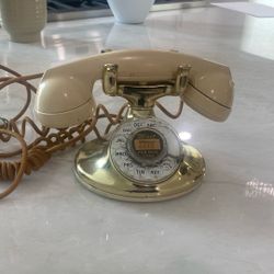 Vintage Ivory & Brass Rotary Telephone – Mid Century Decor”