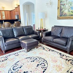 Bradington Young Brown Leather Sofa, Loveseat, Ottoman In Tampa Palms 