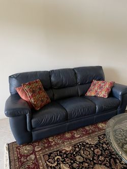 Blue Leather Couch, Love Seat, Ottoman 
