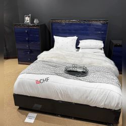 Glam Ash Gray  / Indigo Blue Queen  , Eastern King Size Bed Frame 