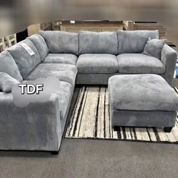 Brand New Grey Corduroy Sectional Sofa +Ottoman (New In Box)