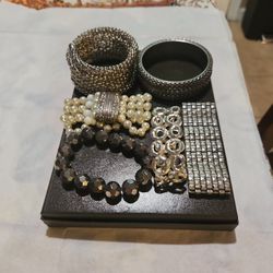 6 Silver Bracelets Costume Jewelry 