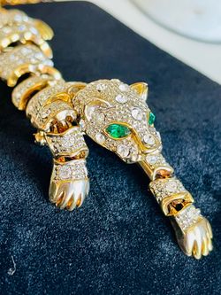Vintage Articulated Panther Tiger Brooch Pin Gold Silver Green Eyes Rhinestone