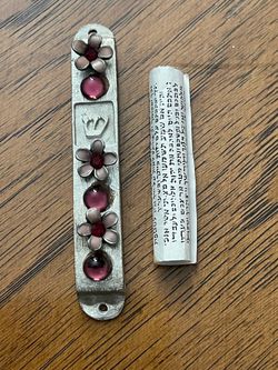 Pretty Floral Mezuzah Case with Scroll - Silver Toned with Purple Faux Gems