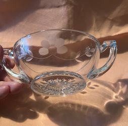 Vintage 2 Handle Round Dish Etched Glass