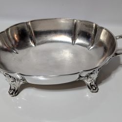 Vintage Silver Plate Footed Serving Bowl with Handles Ornate Leaf Feet 14x8.5in

