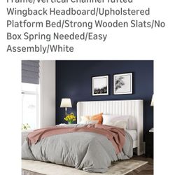 Queen Size Bed Velvet Bed Frame Vertical Channel Tufted Wingback Headboard 